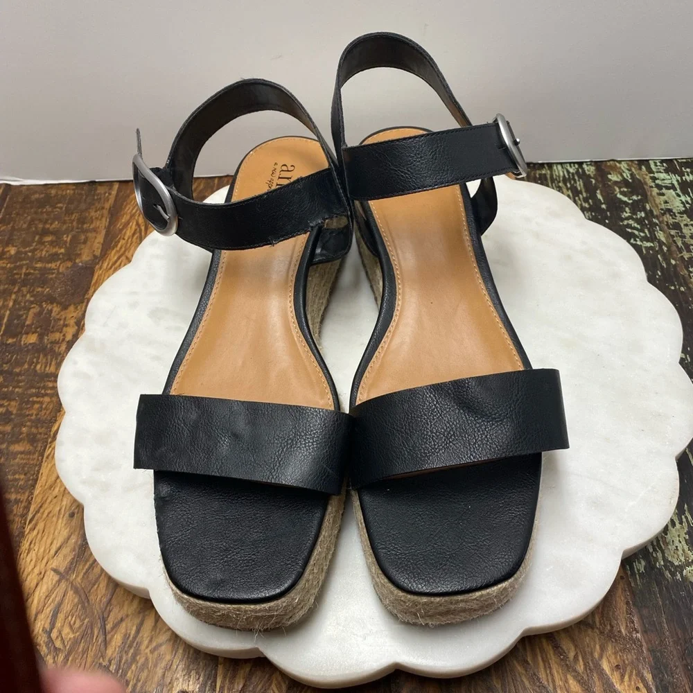 a.n.a Emily Black GenZ Wedge Sandals Espadrilles Platform Leather Size 11